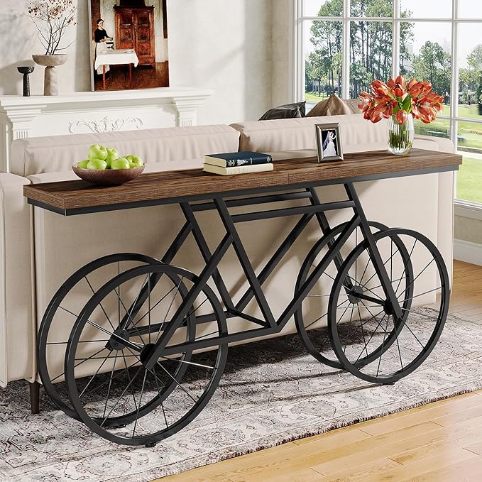 Tribesigns 70.9-Inch Extra Long Console Table, Narrow Sofa Table with Bicycle Metal Base, Modern Industrial Entryway Table Behind Couch Table for Living Room, Hallway, Entrance, Foyer, Rustic Brown