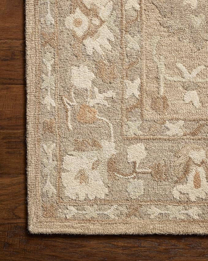 Loloi Chris Loves Julia Dorothea Collection DRT-02 Khaki/Dove 2'-6" x 7'-6" Runner Rug Wool Neutral Floral Living Room Bedroom Carpet