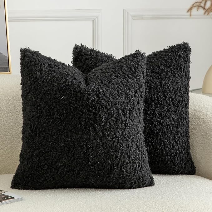 Pack of 2 Curly Teddy Wool Faux Fur Throw Pillow Covers Fuzzy Accent Soft Sherpa Pillowcases Sheepskin Fleece Decorative Cushion Case for Sofa Couch Living Room 20x20 Inch Black
