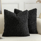 Pack of 2 Curly Teddy Wool Faux Fur Throw Pillow Covers Fuzzy Accent Soft Sherpa Pillowcases Sheepskin Fleece Decorative Cushion Case for Sofa Couch Living Room 20x20 Inch Black