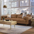 SIMPLIHOME Morrison 89-inch Wide Sofa in Caramel Brown Top Grain Genuine Leather, Mid-Century Modern Design Couch for Living Room, Single Bench Cushion, 2 Back Cushions, 2 Bolster Pillows