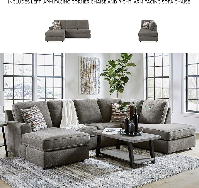 Signature Design by Ashley O'Phannon Casual Right-Arm Facing Herringbone Chenille 2-Piece Sectional with Chaise, Loose Seat Cushions and 2 Throw Pillows, Gray