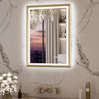 Keonjinn Gold LED Bathroom Mirror 20 x 28 Inch with Frontlit & Backlit, Lighted Mirrors Metal Framed for Wall, Stepless 3 Colors Lights, Anti Fog, Tempered Glass, Brighter and No Dark Corner