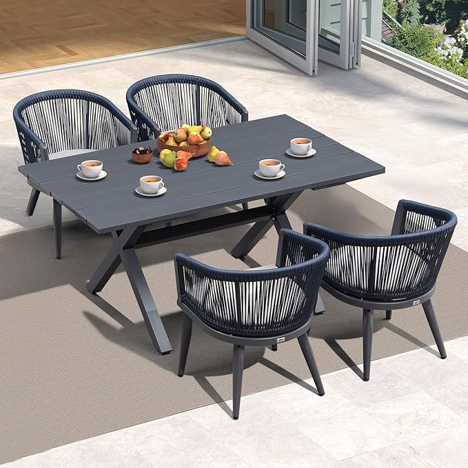 PURPLE LEAF Outdoor Dining Set for 4 All-Weather 5 Pieces Patio Aluminium Dining Table and Rope Weave Chairs Included Cushions for Backyard Deck Indoor Decor Kitchen Patio Furniture Set Gray and Navy