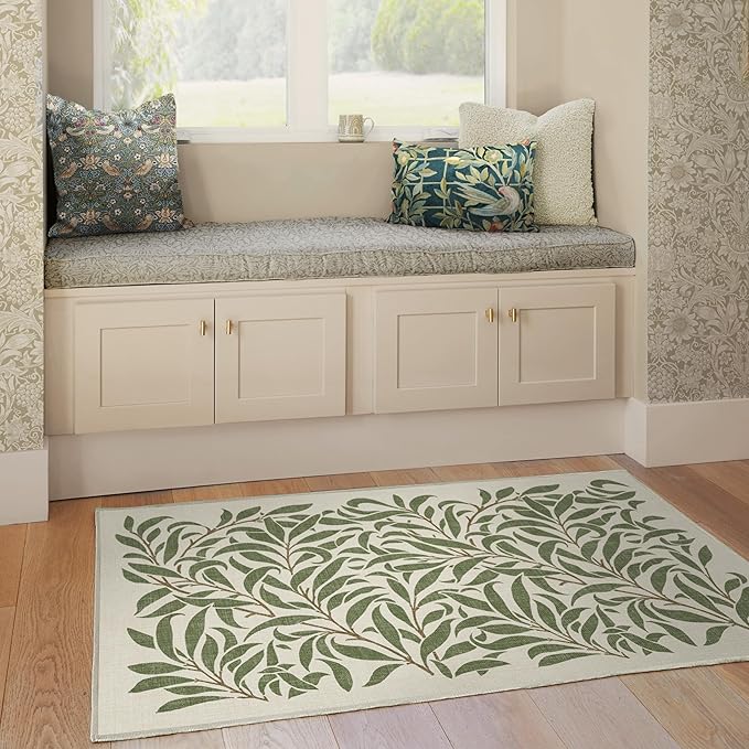 RUGGABLE x Morris & Co Machine Washable Area Rug – Pure Willow Boughs Green 4x6, Stain-Resistant, Non-Slip – Medium Rugs for Living Room, Bedroom, Hallway, Entryway & Office–with Cushioned Pad