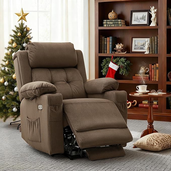 MCombo Medium Triple Motor Power Lift Recliner Chair with Massage and Heat for Elderly People, Adjustable Headrest, Infinite Position, USB Ports, Fabric 7661 (Brown, Medium)