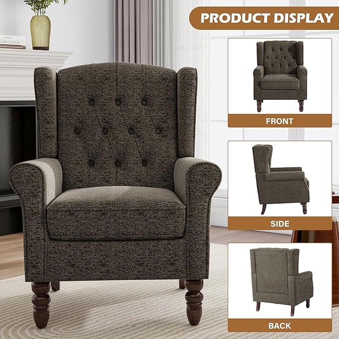 Mid-Century Modern 2-Piece Wingback Chair Set - Plush Upholstered Accent Chairs with Solid Wood Legs, High Back Lounge Seating for Living Room, Bedroom & Office - Retro Matched Pair (Taupe)