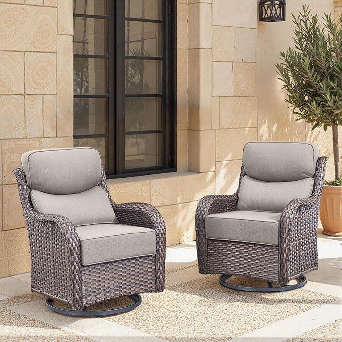 Swivel Patio Chairs Set of 2 with 6" Thick Cushion - Wicker Outdoor Swivel Rocker Patio Chairs, High Back Comfortable Outdoor Glider Chairs 360° Rotation Glider Brown Wicker-Grey Cushion