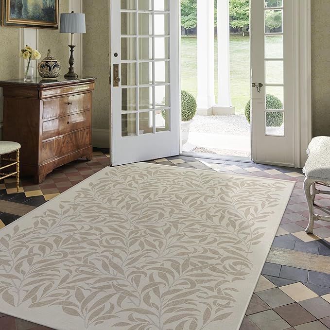 RUGGABLE x Morris & Co Washable Area Rug– Pure Willow Boughs Natural 5x7, Stain-Resistant, Non-Slip–Medium Machine Washable Rugs for Living Room, Bedroom, Hallway, Entryway & Office–with Standard Pad