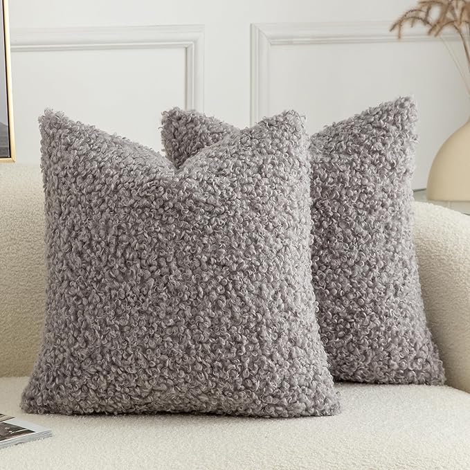 Pack of 2 Curly Teddy Wool Faux Fur Throw Pillow Covers Fuzzy Accent Soft Sherpa Pillowcases Sheepskin Fleece Decorative Cushion Case for Sofa Couch Living Room 16x16 Inch Light Grey