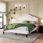 SHA CERLIN Queen Size Bed Frame with Adjustable Headboard/Velvet Upholstered/Diamond Button Tufted and Metal Studs/No Box Spring Needed/Sturdy Wood Slat Support/Easy Assembly/White