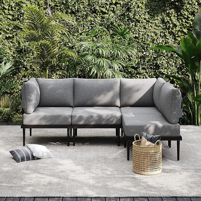 Sundale Outdoor 4 Pieces Metal Patio Furniture Set, Outdoor Sectional Sofa w/6 Inch Olefin Cushion, Modern Outdoor Conversation Sets