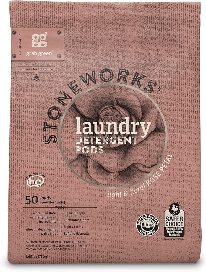 Grab Green Stoneworks Laundry Detergent Pods and Dryer Sheet Bundle (Rose Petal, 80 Count (Pack of 1)