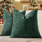 decorUhome Christmas Green Chenille Throw Pillow Covers 18x18 Set of 2 Thick Textured Slubby Couch Pillow Covers Farmhouse Accent Modern Neutral Decorative Pillow Cases for Bed Sofa Living Room