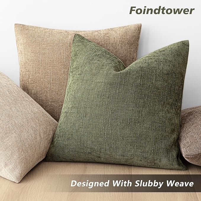 Foindtower Pack of 2 Soft Textured Chenille Throw Decorative Pillow Covers Square Accent Solid Cushion Cover Cozy Neutral Farmhouse Pillow Case for Couch Sofa Bedroom Living Room 18x18 Inch,Dark Green
