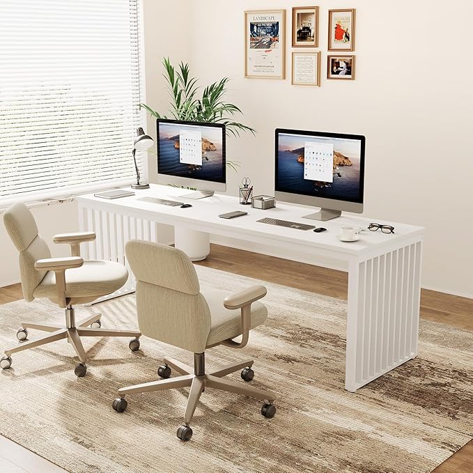 LITTLE TREE Two Person Desk, 78.74" Extra Long Computer Desk for 2 People, White Wooden Double Study Desk with Heavy Duty Metal Legs, Large Business Workstation for Home Office