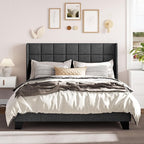 Allewie Queen Size Platform Bed Frame with Wingback, Fabric Upholstered Square Stitched Headboard and Wooden Slats, Mattress Foundation, Box Spring Optional, Easy Assembly, Dark Grey