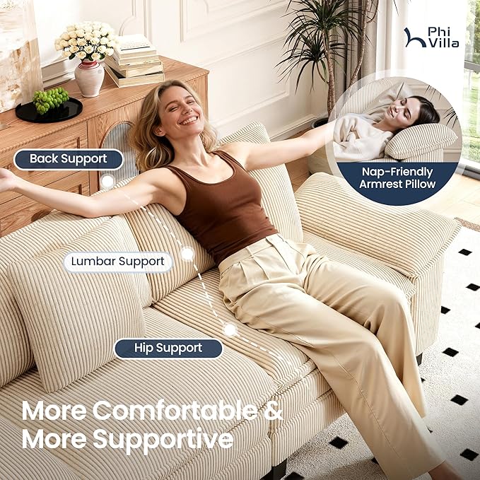 PHI VILLA Cloud Modular Couch Sets, 157.5" Sectional Sofa with U-Shaped Chaise, 6-Seater Couches with Movable Ottomans for Living Room, Corduroy Fabric, Beige