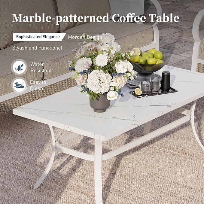 6 PCS Metal Outdoor Patio Furniture Set, Patio Conversation Set 1 3-Seater Couch, 2 Fixed Sofa, 2 Rocking Sofa with 5.75" Thick Cushion and Coffee Table White Backyard Furniture, Beige
