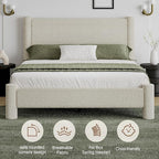 Full Size Bed Frame, Boucle Upholstered Platform Bed with Headboard and Footboard, Soft Rounded Corners, No Box Spring Required, Easy Assembly, Cream