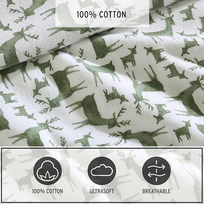 Eddie Bauer - Flannel Sheets Twin Size, Anti-Pilling & Wrinkle Resistant Cotton, Touchably Soft for All-Season Comfort - Bed Sheets with Matching Pillowcase & Fitted Sheet (Deer Camp Green)