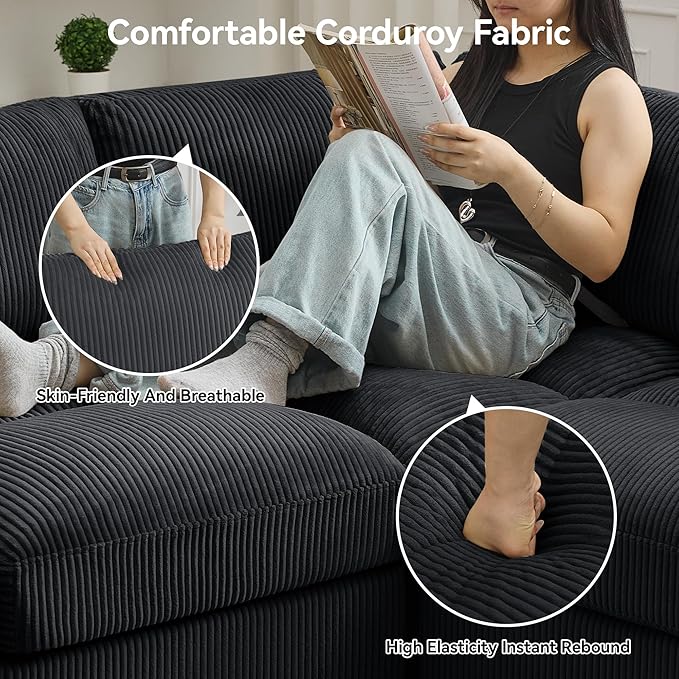 87'' V-Shaped Sectional Sofa Couch, 5-Seater Modular Couches for Living Room, Corduroy Deep Seat Cloud Sofa with Center Stitched, Black