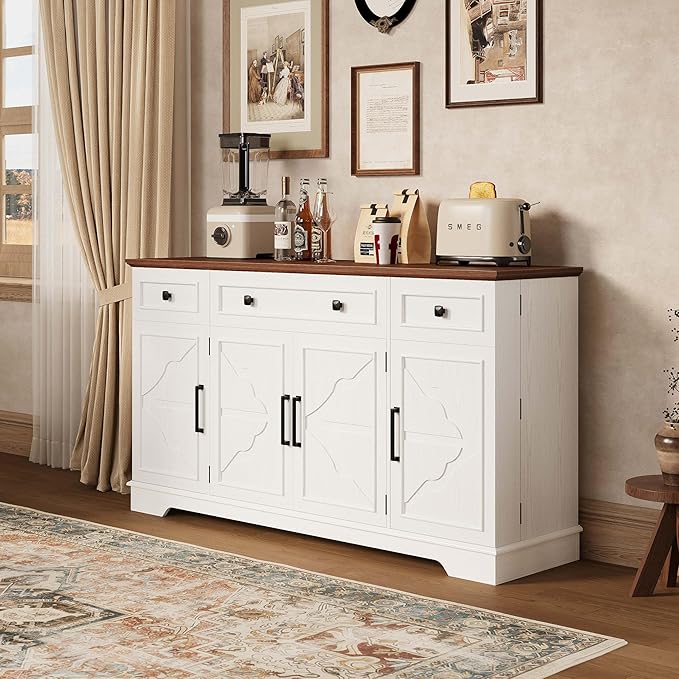 IRONCK 56” Farmhouse Sideboard Buffet Cabinet with 4 Doors and 1 Drawer, Buffet Table with Hidden Removable Drawers, 4 Adjustable Shelves, Dining Room Storage Cabinet for Kitchen or Living Room, White