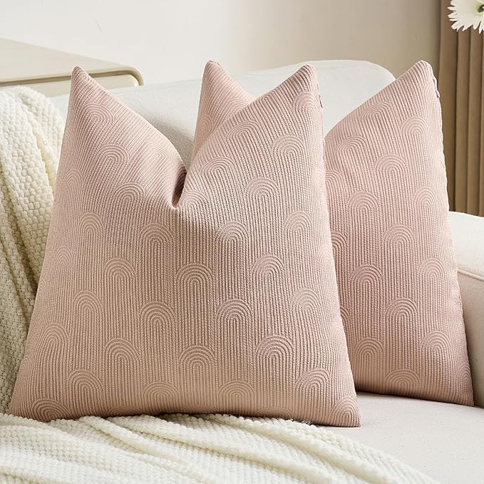 FUTEI Pink Chenille Decorative Throw Pillow Covers 16x16 Inch Set of 2,Soft Cozy Striped Geometric Patterns Cushion Case,Modern Home Decor for Couch Bed Living Room