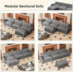 Furniwell Modular Sectional Sofa with Moveable Ottoman, Oversized 3-Seater Couch with Supportive Backrest, Chenille Convertible Sofa Couches for Living Room/Apartment (Grey, L Shaped)