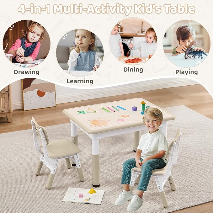 Adjustable Kids Table Chairs Set – Graffiti Desktop, Multi-Activity Height-Adjustable Toddler Study Desk for Ages 3-8 – Ideal for Home, Classroom, Daycare (W-Wood, 2 Chairs-31.5" L x 23.6" W)