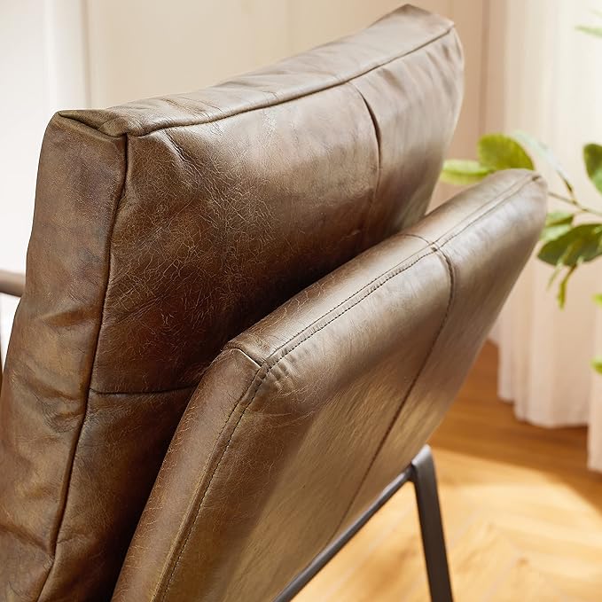 Art Leon Set of 2 Genuine Leather Accent Chairs for Living Room, Mid Century Modern Lounge Chair Living Room Sofa Chair with Black Metal Frame, Brown