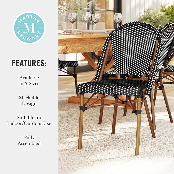 Martha Stewart Lily Pond Indoor-Outdoor Stackable Bistro Chairs with Natural Woodgrain Aluminum Frame Finish, Black/White Woven Rattan Backrests/Seats, Set of 2