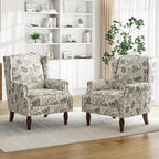 Pia Ricco Set of 2 Floral Accent Chairs, High Back Upholstered Armchairs with Retro Wingback Design, Nailhead Trim & Solid Wood Legs for Living Room Bedroom(Plants Beige)