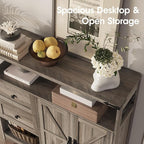 Fameill Farmhouse Storage Cabinet with Drawers and Open Storage,Freestanding Kitchen Pantry with 2 Barn Doors, Floor Cabinet with Adjustable Shelf for Living Room,Grey