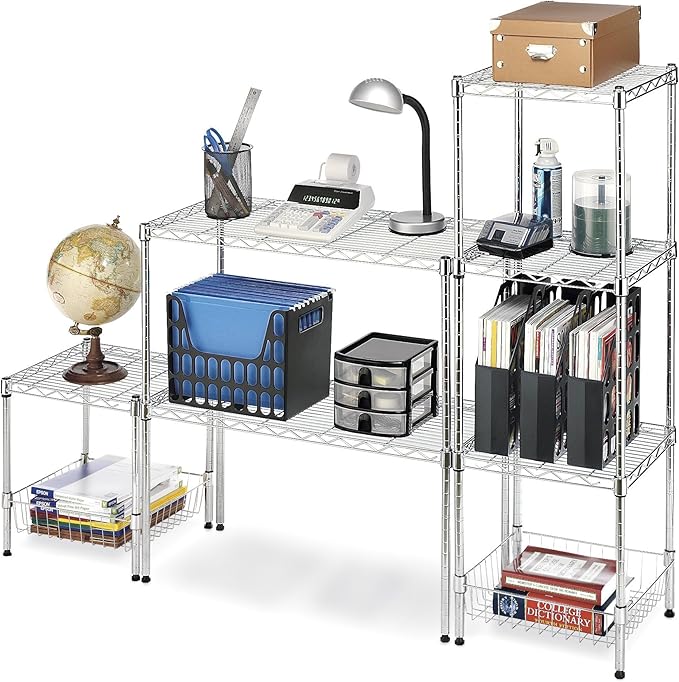 Whitmor 2 Tier Metal Storage Shelves, Heavy Duty Shelf with Basket, 350 lbs Capacity per Shelf, 700 lbs Total, Home Organizer for Kitchen, Bathroom, Bedroom, 15" L x 14" W x 15" H, Chrome