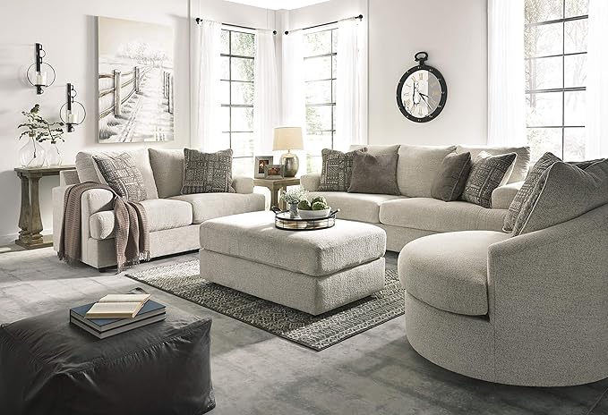 Signature Design by Ashley Soletren Contemporary Chenille Loveseat with 2 Accent Pillows, Off-White