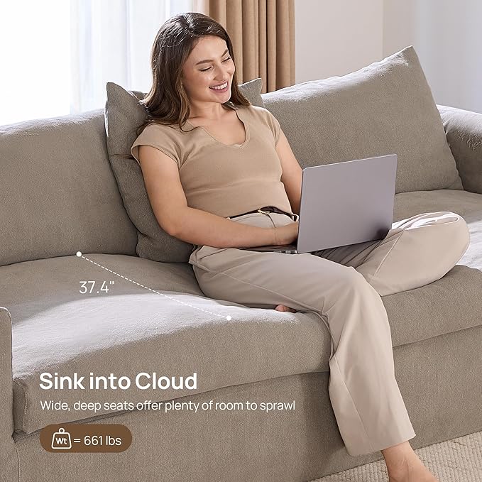 SICOTAS 90.5" Modern Sofa with Deep Seat, Large Down-Filled Cloud Couch with 4 Pillows & Solid Wood Frame, Oversized 3 Seater Sofa Comfy Sleeper Couches for Living Room, Apartment, Wheat Gray
