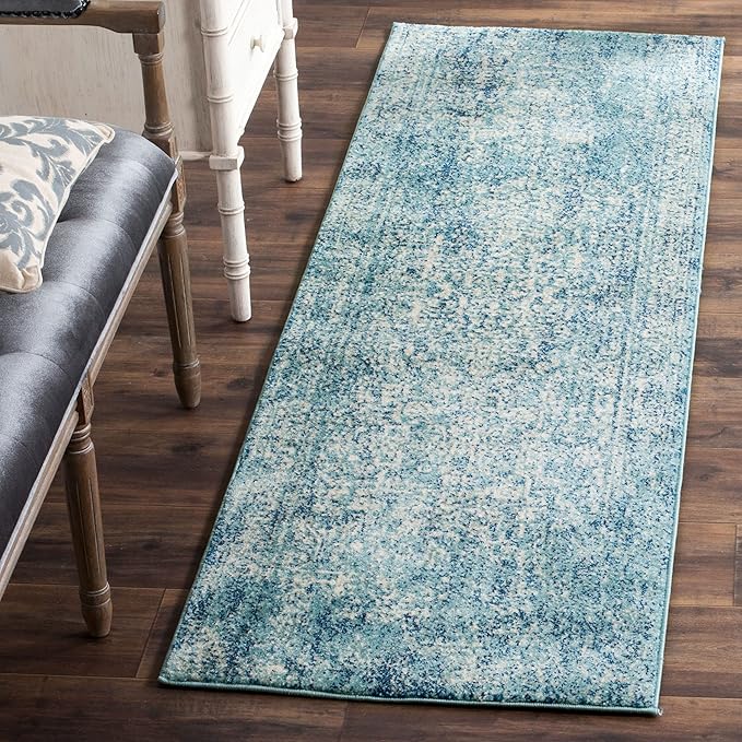 SAFAVIEH Evoke Collection 2'2" x 17' Blue/Ivory EVK256C Oriental Distressed Non-Shedding Living Room Bedroom Runner Rug