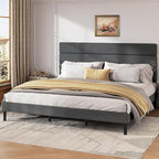 WLIVE King Size Upholstered Bed Frame, Velvet Square Tufted Headboard, Sturdy Metal & Wooden Slats Support, No Box Spring Needed, Light Grey