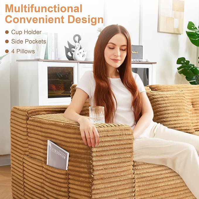 Modular Sectional Sofa, L Shaped Comfy Cloud Couch with Deep Seat, Boneless Couch for Living Room, Modern Sectional Sleeper with Chaise, No Assembly Required, Sofa in A Box, Brown Corduroy