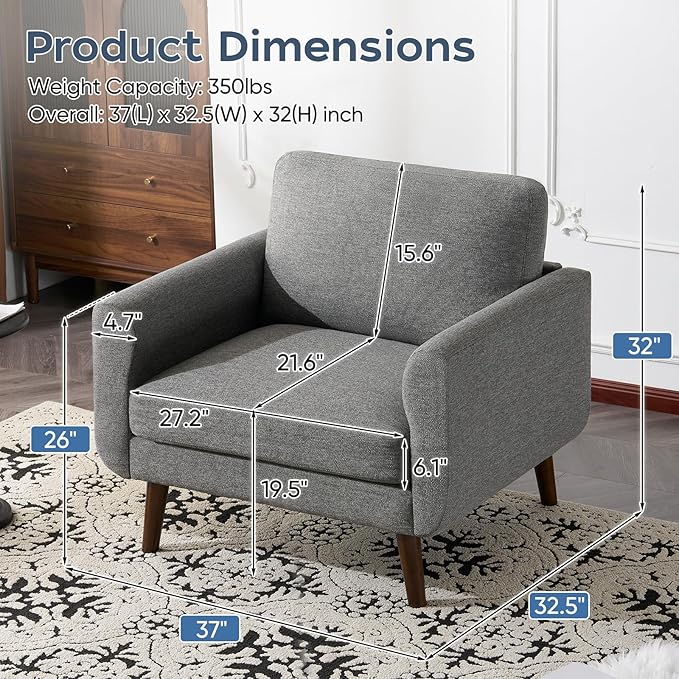 ELUCHANG Accent Chair Set of 1, Oversized Mid Century Modern Arm Chair, Soft Linen Fabric Sofa Chairs Upholstered Comfy Chair for Living Room Bedroom Apartment (Grey)