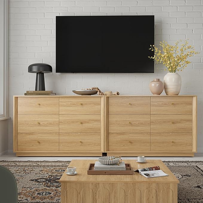 Mid Century Modern Dresser, 6 Drawer Dresser with Storage, 47" Wide Chest of Drawers with Wood Grain Texture, Drawers Organizer for Bedroom, Living Room, Hallway, Gold Oak