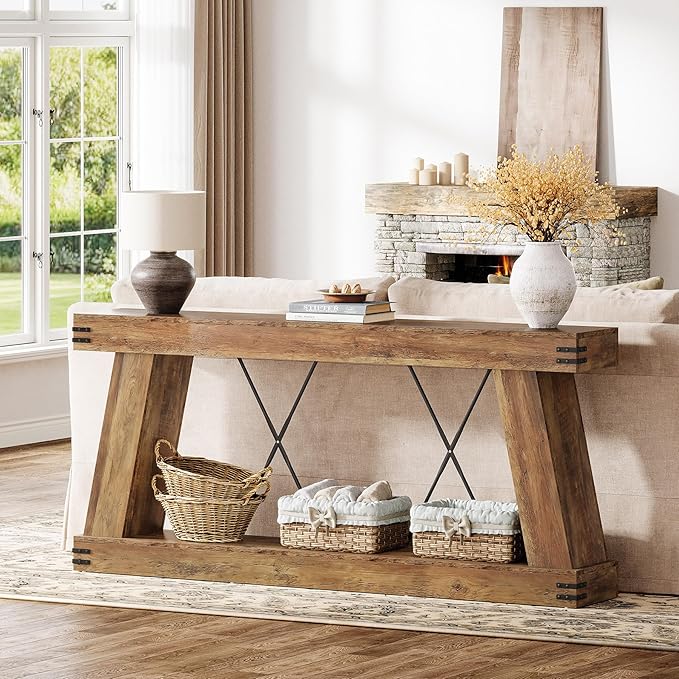 Tribesigns 70.9" Farmhouse Console Table, Long Sofa Table Behind Couch with Storage, Narrow Wooden Console Station, Industrial Rustic Entryway Furniture for Hallway, Entry, Living Room, Brown