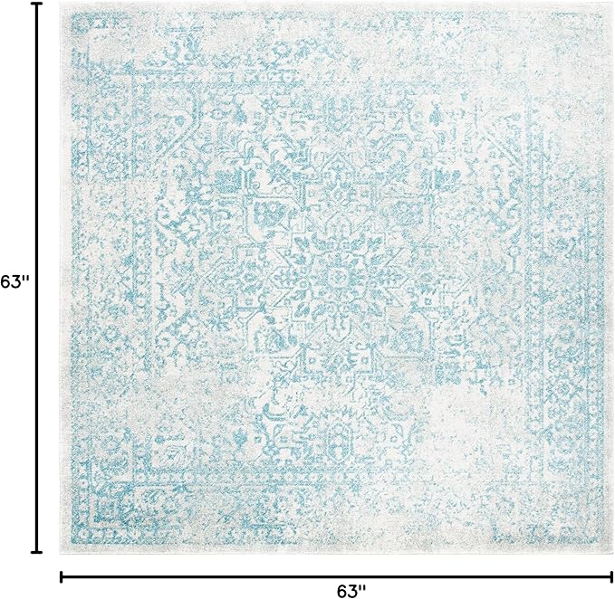 SAFAVIEH Evoke Collection Area Rug - 5'3" Square, Ivory & Aqua, Distressed Design, Non-Shedding & Easy to Clean, Ideal for Living Room, Bedroom, Dining Space (EVK256J)