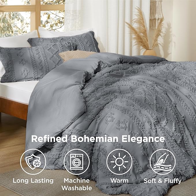 Bedsure Tufted Boho Comforter Set Queen Size - Grey Boho Bed Set, GentleSoft™ 3 Pieces Farmhouse Shabby Chic Embroidery Bedding, Gifts for Woman, Soft Jacquard Queen Comforter for All Seasons