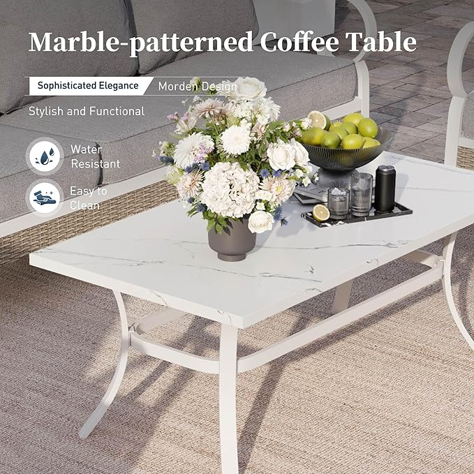 5 PCS Metal Outdoor Patio Furniture Set, Patio Conversations Sets 3-Seater Couch, 2-Seater Sofa, 2 Rocking Sofa with 5.75" Thick Cushion and Coffee Table White Backyard Furniture, Gray