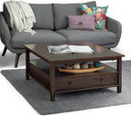 SIMPLIHOME Warm Shaker Square Coffee Table - 36 inch Wide Solid Wood Cocktail Table in Tobacco Brown, Transitional Living Room Table with Large Storage Drawer and Open Shelf for Sitting Area