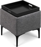 SIMPLIHOME Natasha 18 inch Wide Mid Century Square Mid Century Storage Ottoman with Tray in Slate Grey Polyester Linen, Assembled, For the Living Room, Entryway and Family Room