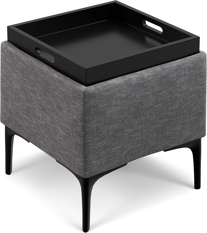 SIMPLIHOME Natasha 18 inch Wide Mid Century Square Mid Century Storage Ottoman with Tray in Slate Grey Polyester Linen, Assembled, For the Living Room, Entryway and Family Room