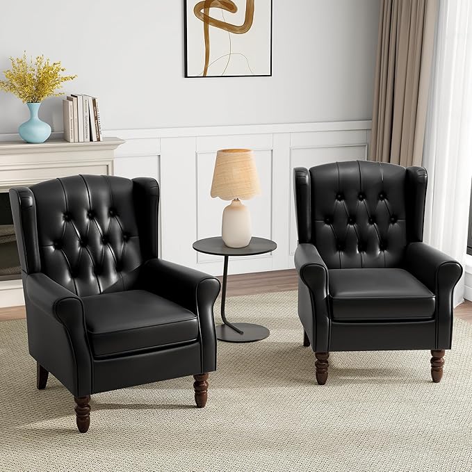 Mid-Century Modern 2-Piece Wingback Chair Set - Luxe Faux Leather Accent Chairs with Wooden Legs, Easy-Clean Lounge Seating for Living Room, Home Theater & Dining Room - PU Leather Matched Pair Black